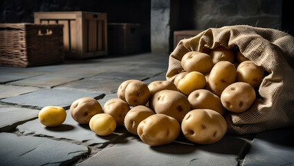 Ripe potatoes in a burlap bag