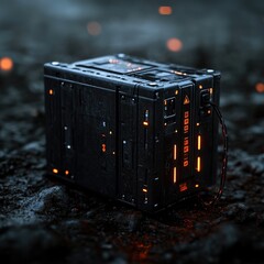 Poster - Futuristic tech box with glowing lights, set against a dark, textured ground, evoking a sci-fi atmosphere and intrigue.