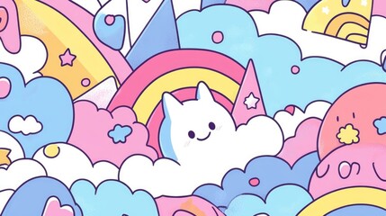 Cute Kawaii Style Doodle Design for Kids with Bold Lines and Soft Pastel Colors