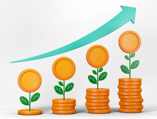 3d of growth of pile of coins and arrow goes up for investment and finance. Can be used for banking, financial sector, fintech apps, seminar banners, financial and economic education