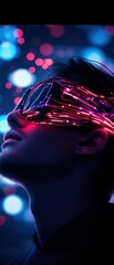 Poster - A futuristic portrait showcasing a person wearing neon glasses against a backdrop of vibrant lights, evoking a sense of digital wonder.