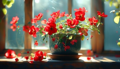 The sun shines through the window on the red flowers in the flowerpot, and the surrounding environment is blurred, giving people a feeling of warmth and tranquility.