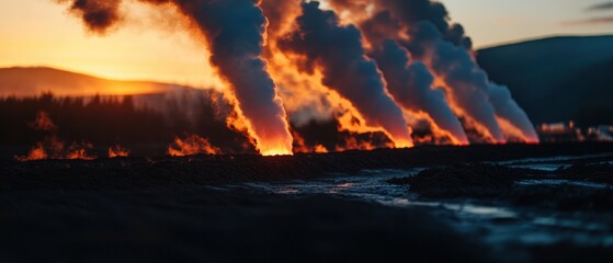 Wall Mural - Stunning sunset view of geothermal steam rising from hot springs, showcasing nature's raw beauty and vibrant colors.