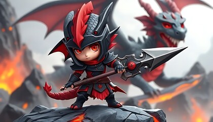 Fantasy Dragon Warrior with Spear  Red and Black Armor  Cartoon Character   D Illustration