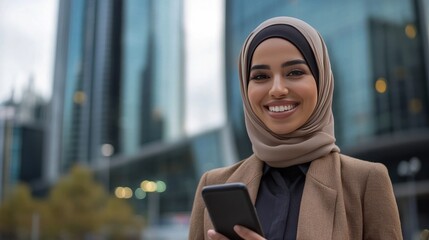 Arabian woman smiles contentedly using phone in a bustling city.