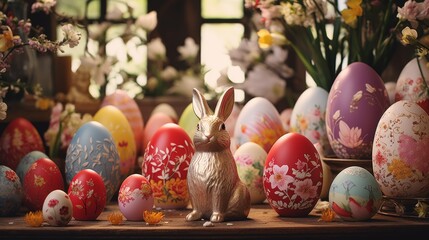 Festive easter decoration scene featuring colorful easter eggs, spring flowers, and cute bunny figurines arranged on a wooden table, perfect for celebrating easter sunday with joyful and vibrant holid