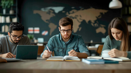 Three focused international students study together in a modern classroom with a world map in the background, collaborating on their academic work, representing global education and diversity