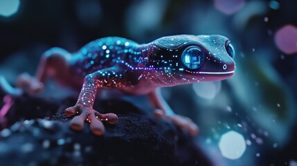 Poster - Glowing Digital Gecko in a Night Forest