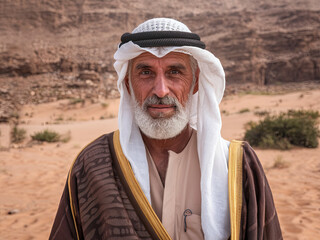 Portrait of a Bedouin man in traditional robe and keffiyeh, Middle East