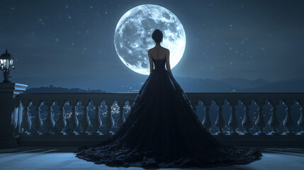 A woman in a long black dress stands on a balcony looking out at a large moon. The scene is serene and peaceful, with the woman's dress flowing in the wind. The moon is the focal point of the image