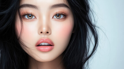 Wall Mural - Close-up of an Asian woman with long black hair, large expressive eyes, and soft pink lips,