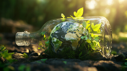 Bottle with a globe inside. Concept of saving the planet and stopping pollution