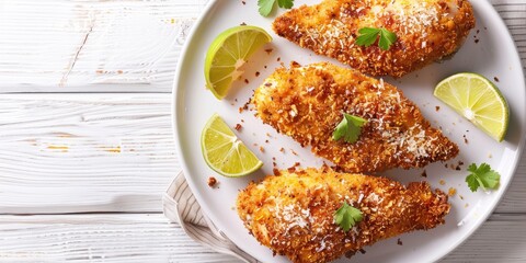 Wall Mural - Fried chicken cutlets with breadcrumbs and Parmesan cheese crust served with mustard and lime on a white plate top view on a white wooden table