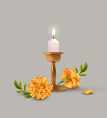 Canvas Print - Burning candle in a candlestick and marigold flowers. Festive composition for Diwali festival or Day Of Dead