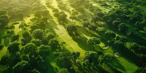 Poster - Aerial view of golf course with lush green fairways and surrounding trees