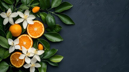 Sticker -   Oranges perched atop green foliage with white blossoms adorning the top