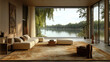 © Chatchanan - Elegant living room with a view of the river, featuring a large rug, beige tones, and wooden