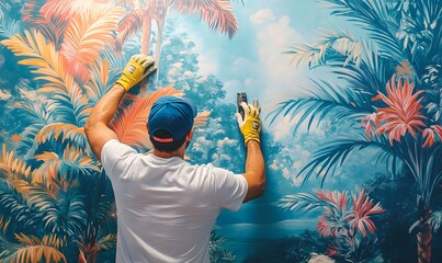 a man installing a tropical mural wallpaper
