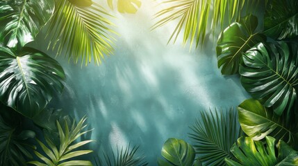 Tropical Leaf Border with Sunlight and Shadow on Teal Background