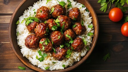 Wall Mural - Meatballs with rice on wood