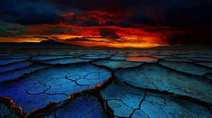 Wall Mural - the sun sets on a wide expanse of cracked terrain, with a distant mountain range in view