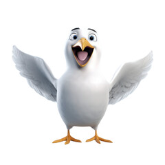 A cheerful cartoon seagull with wings outstretched, looking excited and happy.