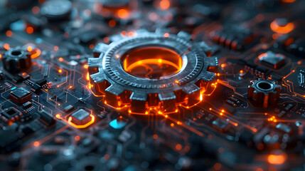 Wall Mural - 3D Illustration of a Cog on a Circuit Board with Orange Glowing Lights