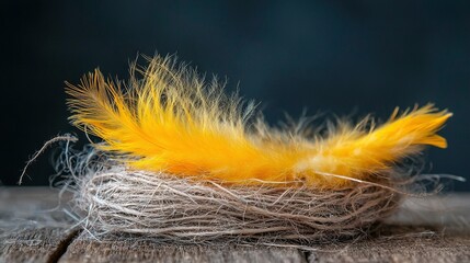   A close-up photo of a bird's nest with a yellow feather perched atop a wooden branch