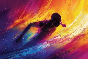 A vibrant, abstract representation of a swimmer gliding through colorful waves, evoking a sense of motion and freedom.