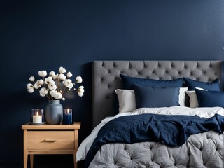 Stylish modern bedroom in dark colors. Cozy interior with navy blue walls, home decor. Bed with gray fabric headboard, blue blanket, bedside table, vase with natural cotton flowers, candles on tray