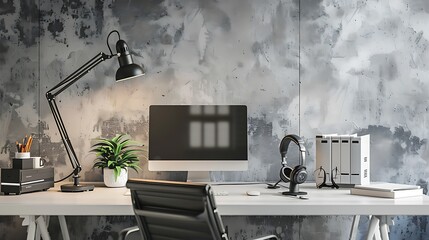 Workplace in modern office interior with computer, headphones and microphone near light wall