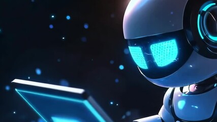 Cute friendly artificial intelligence robot using laptop computer with white and blue neon glow light, chatbot and AI assistant concept futuristic technology