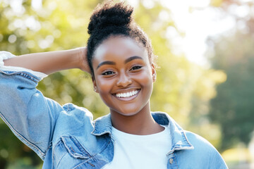 Wall Mural - Afro woman in casual shirt smile arm on head at sunny park