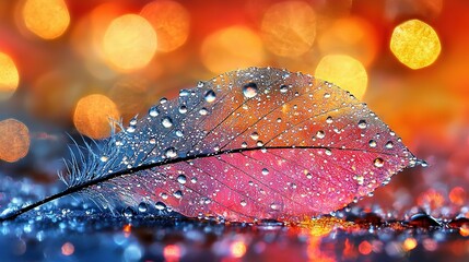 Wall Mural -   A close-up of a water droplet on a leaf with a bokeh of lights in the background