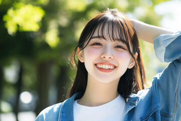 Wall Mural - Japanese woman in casual shirt smile arm on head at sunny park