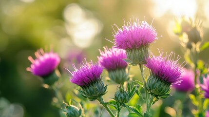 Poster - Pink Thistle Blossoms in Sunlight