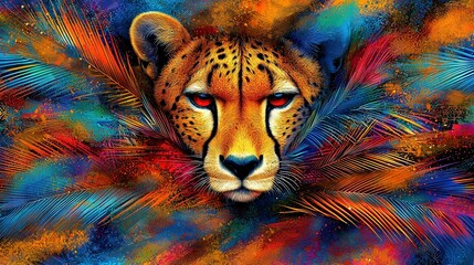 Canvas Print -   A portrait of a cheetah with feathered chest and vibrant backdrop