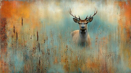 Wall Mural -   A painted deer with antlers on its head against a blue-orange backdrop