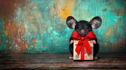   A red-bowed mouse naps inside a box with its eyes shut