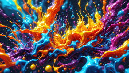 Poster - Close-up view of a vibrant abstract splashes of blue, yellow, and pink paint, creating a mesmerizing and dynamic composition