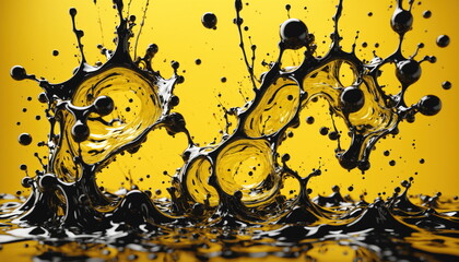 Poster - Black oil droplets suspended in a golden liquid, dynamic and abstract composition against a bright yellow background
