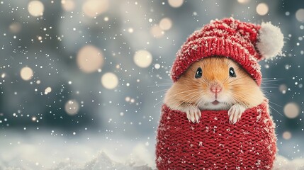 Wall Mural -   A tiny mouse in a red sweater and red knitted hat with a white pom-pom on its head