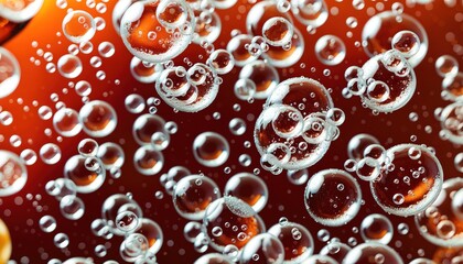 Poster - Numerous bubbles suspended in a dark liquid, illuminated by a warm light source. Image captures the intricate detail and delicate nature of the bubbles