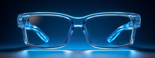 High-tech glasses, with blue light filtering, resting on a work desk, under bright LED lighting