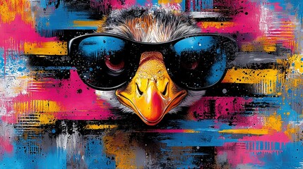   An ostrich in sunglasses against a vibrant backdrop