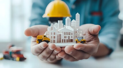 Poster - Engineer Holding 3D Architectural Model in Paper Cut Style