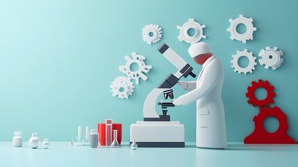 Poster - Engineer in Paper Cut Art Examining Research and Development with Microscope