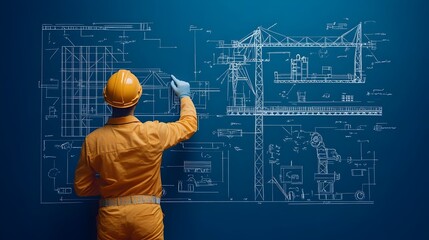 Poster - Engineer Holding Infrastructure Blueprint in Paper Cut Art Style