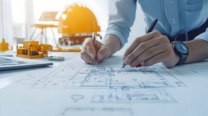 Poster - Engineer with Blueprint Symbolizing Construction Planning in Paper Cut Style