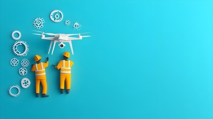 Poster - Engineer with Drone Symbolizing Modern Surveying in Papercut Art